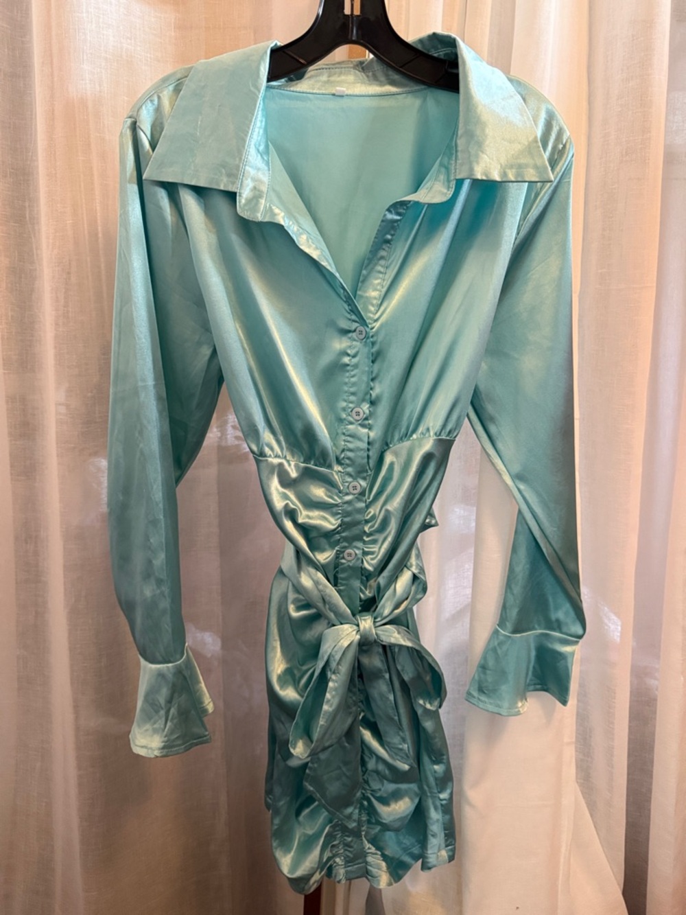Satin Button-Front Tie-Waist Dress in Aqua